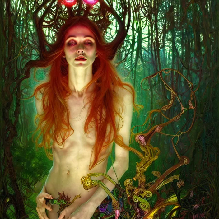 Image similar to bright psychedelic portrait of genius organic cyborg in an ancient forest, diffuse lighting, fantasy, intricate, elegant, highly detailed, lifelike, photorealistic, digital painting, artstation, illustration, concept art, smooth, sharp focus, art by John Collier and Albert Aublet and Krenz Cushart and Artem Demura and Alphonse Mucha