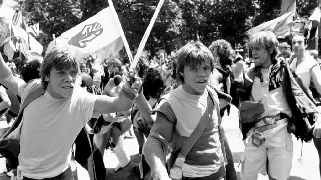 Image similar to rotj luke skywalker goes to pride, getty images, victorious, flags, parade, gay rights, bright smiles, daylight, twenty three year old luke skywalker at gay pride, 3 5 mm photography, very happy, played by young mark hamill, smiling