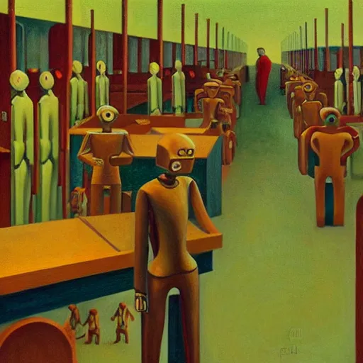 Prompt: robot bishop guards, endless cubicles, end times, grant wood, pj crook, edward hopper, oil on canvas