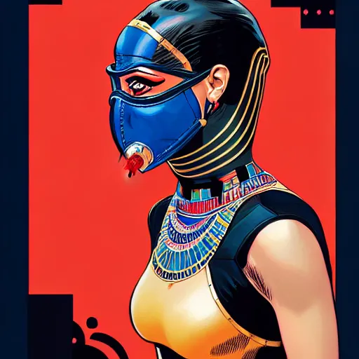 Prompt: a profile photo of a egyptian woman with a diving mask with side profile blood in ocean intricate details by MARVEL comics and Sandra Chevrier-C