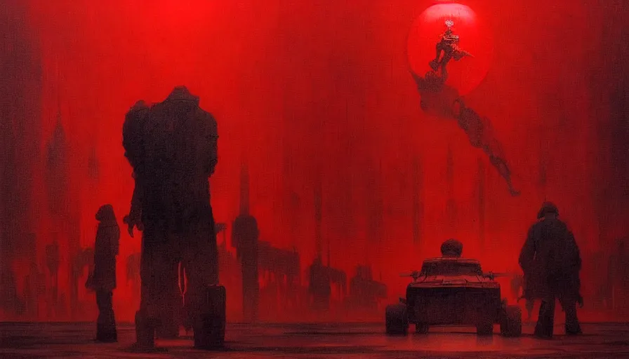 Image similar to only with red, soviet communism city atmosphere with soviet flag, in the style of beksinski and rodcenko and yue minjun and cory loftis, intricate and epic composition, red by caravaggio, highly detailed, masterpiece, red light, artstation, art nouveau