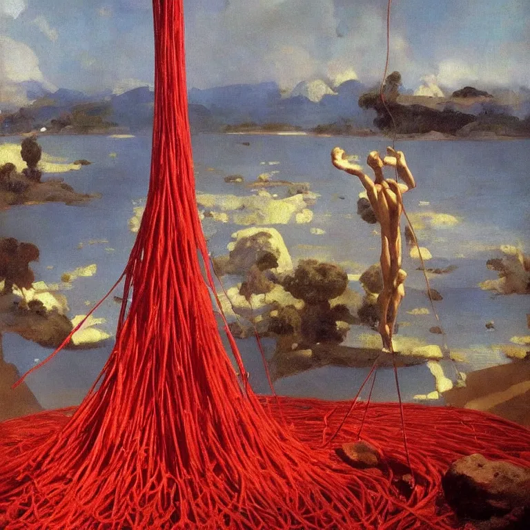 Prompt: A Monumental Public Sculpture of a 'Exclamation Point made out of red Spaghetti' on a pedestal by the lake, surreal oil painting by John Singer Sargent and Maxfield Parrish and Max Ernst shocking detail hyperrealistic!! Cinematic lighting