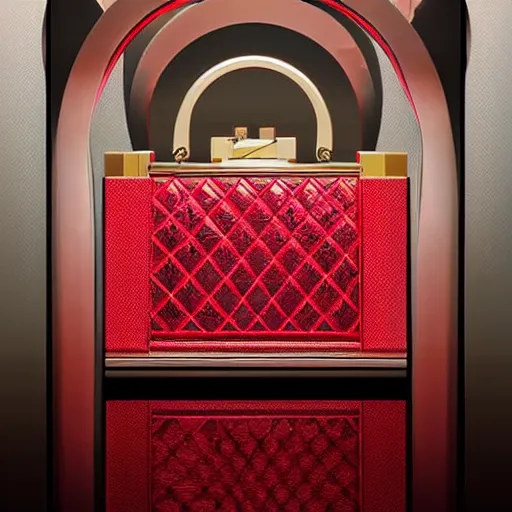 Prompt: a red luxury handbag in year 3000, art-deco style, in entrance hall of an art-deco skyscaper, photography , official chanel editorial , highly detailed
