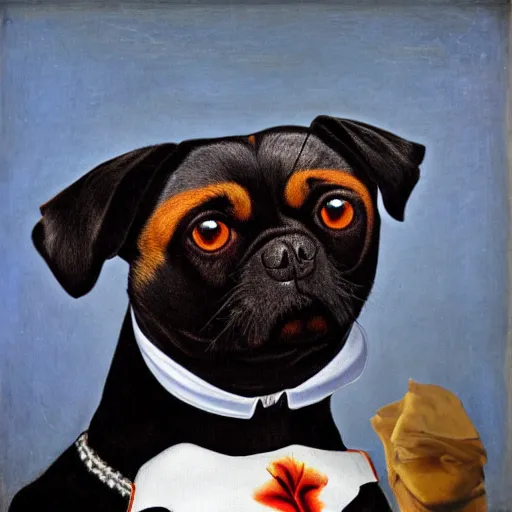 Image similar to portrait of black pugalier dog wearing an elvis costume, renaissance style painting