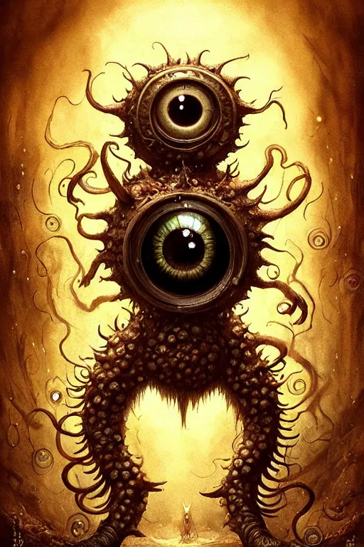 Prompt: beholder monster with 6 eyes | esoteric symbolism | jean - baptiste monge, esao andrews, bastien lecouffe - deharme, tim jacobus, ken currie | ultra - detailed realism, soft cinematic lighting, hi - fructose, artstation, high - quality, ink watercolors wes anderson poster art
