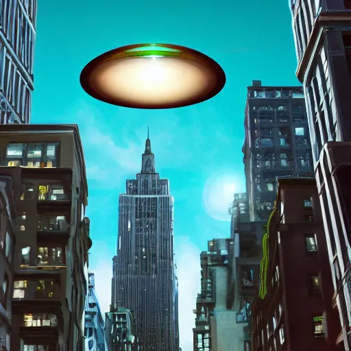 Prompt: photorealistic 3d render of a flying saucer flying over manhattan studio lighting, green background, in the style of pixar, highly detailed, sharp focus, bokeh, depth of field, 16k resolution, Unreal Engine 5, coherent, cinematic lighting, beautiful painting, from behind with halo effect