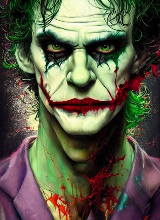 Prompt: a Demon Slayer portrait of The Joker, tall, pale-skinned, slender with lime green eyes and long eyelashes by Stanley Artgerm, Tom Bagshaw, Arthur Adams, Carne Griffiths, trending on Deviant Art, street art, face enhance, chillwave, maximalist, full of color, glittering