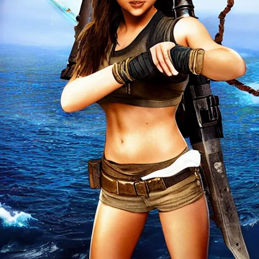 Prompt: Selena Gomez as Lara Croft fighting pirates