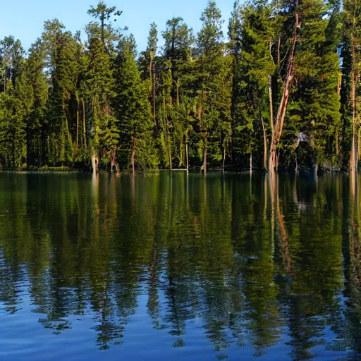 Prompt: photo of the lake in pine forest