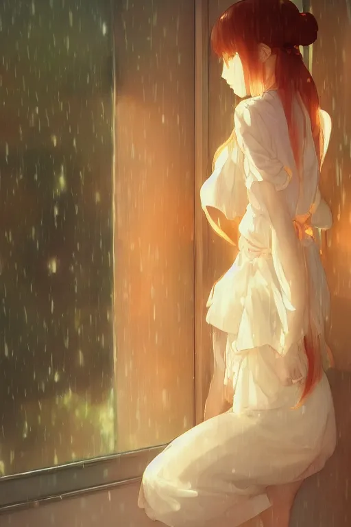 Image similar to a girl in a maid's outfit in the bedroom a night, raining outside the window, orange theme, wavy white long hair, by krenz cushart and mucha and akihito yoshida and greg rutkowski and makoto shinkai, 4 k resolution