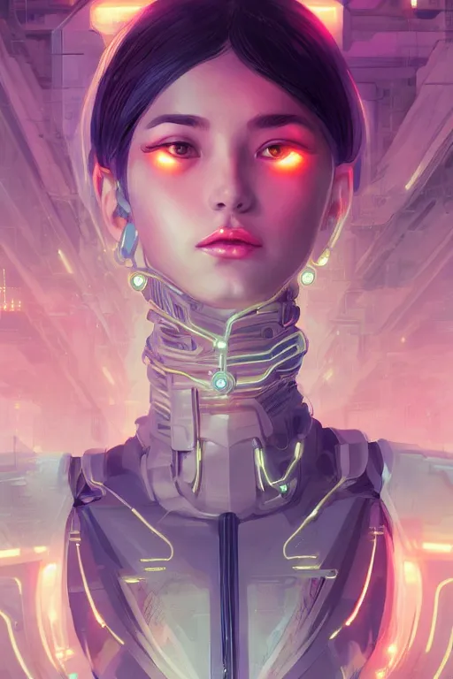 Image similar to portrait futuristic Cyber warrior Girl, in future cyberpunk tokyo rooftop , ssci-fi, fantasy, intricate, very very beautiful, elegant, neon light, highly detailed, digital painting, artstation, concept art, smooth, sharp focus, illustration, art by WLOP and tian zi and alphonse mucha