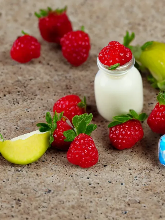 Prompt: miniature diorama of yogurt bottle with fruits