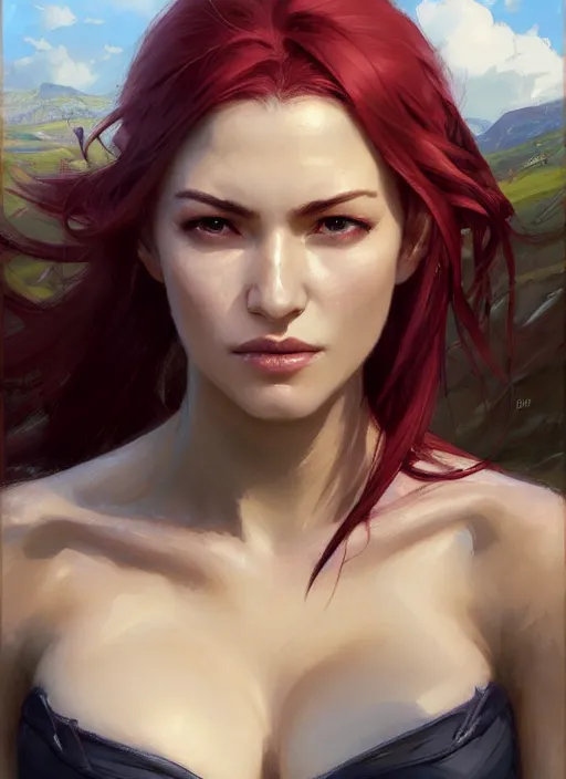 Image similar to portrait of Katarina from League of Legends after work, countryside, calm, fantasy character portrait, dynamic pose, above view, view from above, sunny day, thunder clouds in the sky, artwork by Jeremy Lipkin and Giuseppe Dangelico Pino and Michael Garmash and Rob Rey, very coherent symmetrical artwork, sharp edges, perfect face, simple form, 100mm