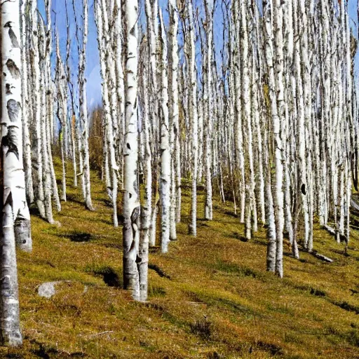 Prompt: Postcard of a copse of silver birch trees set by a rocky outcrop