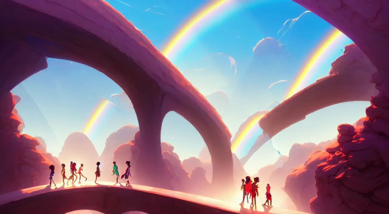 Image similar to incredible, mindblowing, refugees crossing a beautiful bridge made of rainbow hardlight, in marble incrusted of legends official fanart behance hd by jesper ejsing, by rhads, makoto shinkai and lois van baarle, ilya kuvshinov, rossdraws global illumination