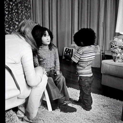 Prompt: extra terrestrial vaguely shown in corner of a living room in 1 9 7 3, family time, fuji film