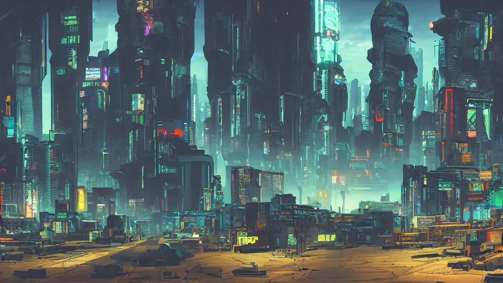 Prompt: cel - shaded cyberpunk landscape