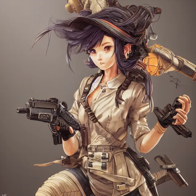 Prompt: the portrait of lawful neutral semi - colorful female infantry gunner as absurdly beautiful, gorgeous, elegant, young anime girl, an ultrafine hyperdetailed illustration by kim jung gi, irakli nadar, intricate linework, bright colors, octopath traveler, final fantasy, unreal engine 5 highly rendered, global illumination, radiant light, detailed and intricate environment