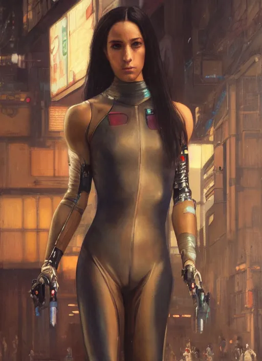 Image similar to cyberpunk olympic gymnast with robotic arms wearing a jumpsuit ( blade runner 2 0 4 9, cyberpunk 2 0 7 7 character design ). orientalist portrait by john william waterhouse and james gurney and theodore ralli and nasreddine dinet, oil on canvas. cinematic, hyper realism, realistic proportions, dramatic lighting, high detail 4 k