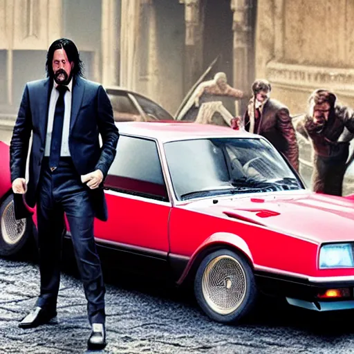 Image similar to john wick getting out of renault 1 2 car