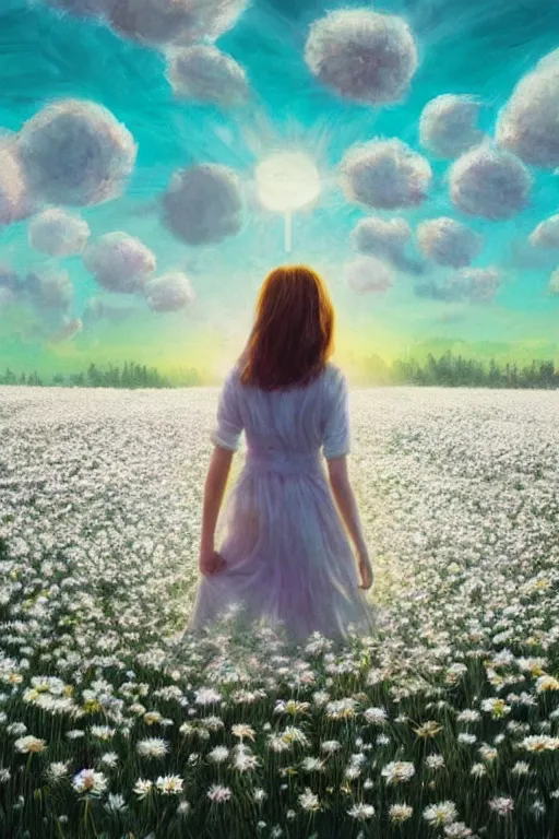 Image similar to giant white daisy flower as head, girl walking in a flower field, surreal photography, sunrise, dramatic light, impressionist painting, colorful clouds, digital painting, artstation, simon stalenhag