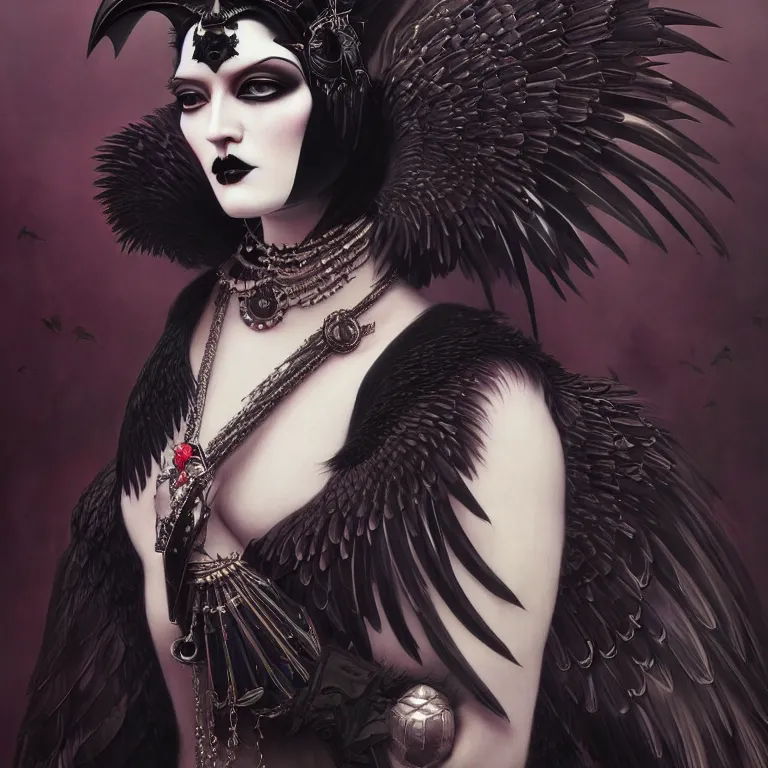 Image similar to breathtaking detailed concept art painting art deco portrait of a goth goddess amalgamation raven, by hsiao - ron cheng, bizarre compositions, exquisite detail, extremely moody lighting, 8 k