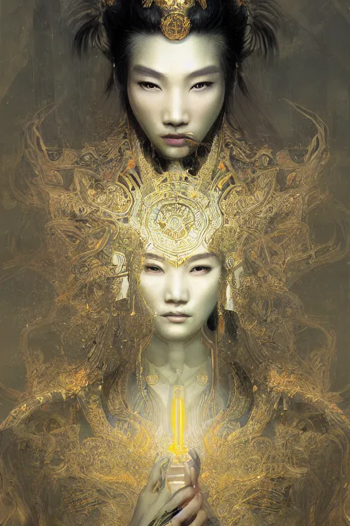 Image similar to chinese god, portrait, powerfull, intricate, elegant, volumetric lighting, scenery, digital painting, highly detailed, artstation, sharp focus, illustration, concept art, ruan jia, steve mccurry