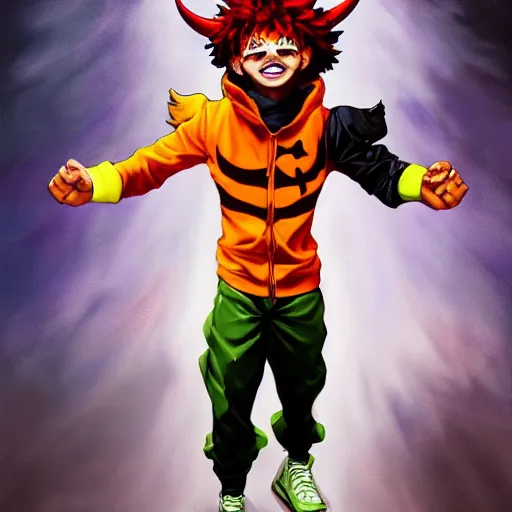 Image similar to an oil painting of a izuku midoriya wearing a hip - hop halloween costume of the devil, by artgerm, hd, hdr, ue 5, ue 6, unreal engine 5, realistic anime 3 d style, cinematic 4 k wallpaper, 8 k, ultra detailed, gta cover art, high resolution, artstation, award winning