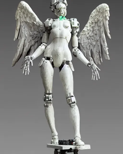 Image similar to marble sculpture of female angel with solarpunk mecha humanoid robotic parts with bright led lights, pudica pose gesture, by michelangelo, in white room, ultra - realistic and intricate, hdr 8 k