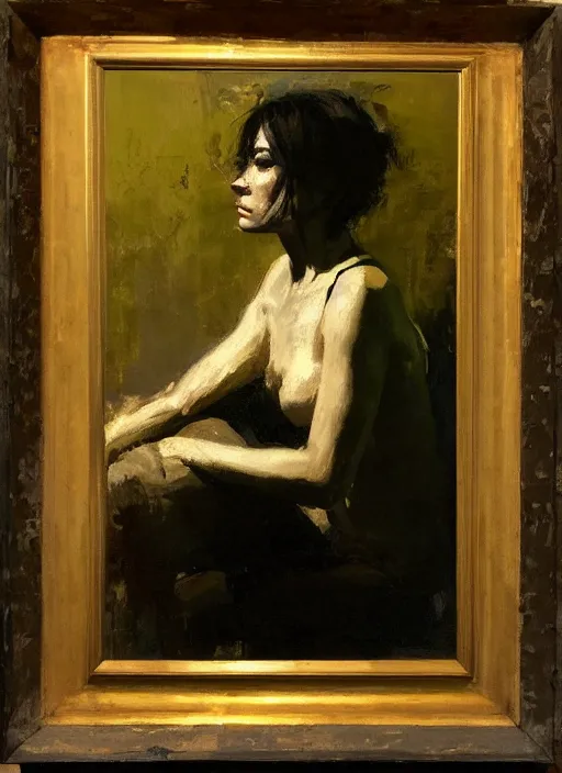 Image similar to aesthetic portrait painting of a beautiful woman posing in an artistic over a bed, by jeremy mann, only one head single portrait