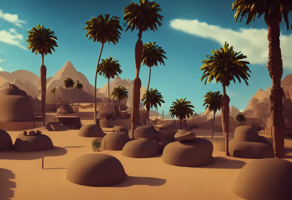 Image similar to futuristic village in a desert, painting, palm trees, octane render, 4 k, rocks, bondfire, anime sky