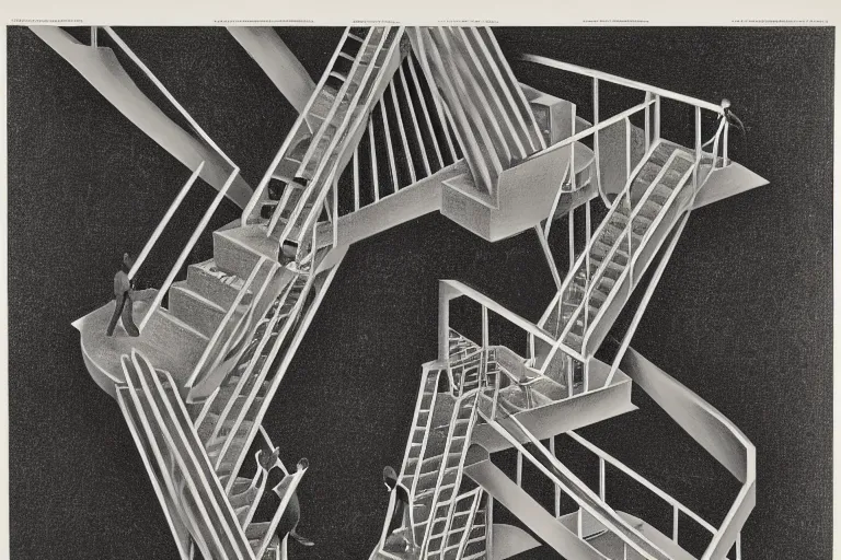 Prompt: M. C. Escher, Relativity. stairs,walk man,Lithograph.