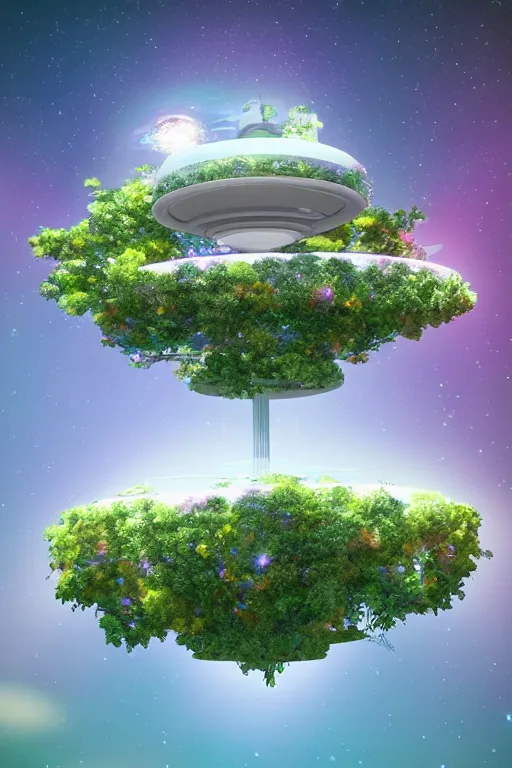 Image similar to multi level botanical garden spaceship floating in space, calm, tranquil, faded effect, detailed, vaporwave colors, render by substance designer