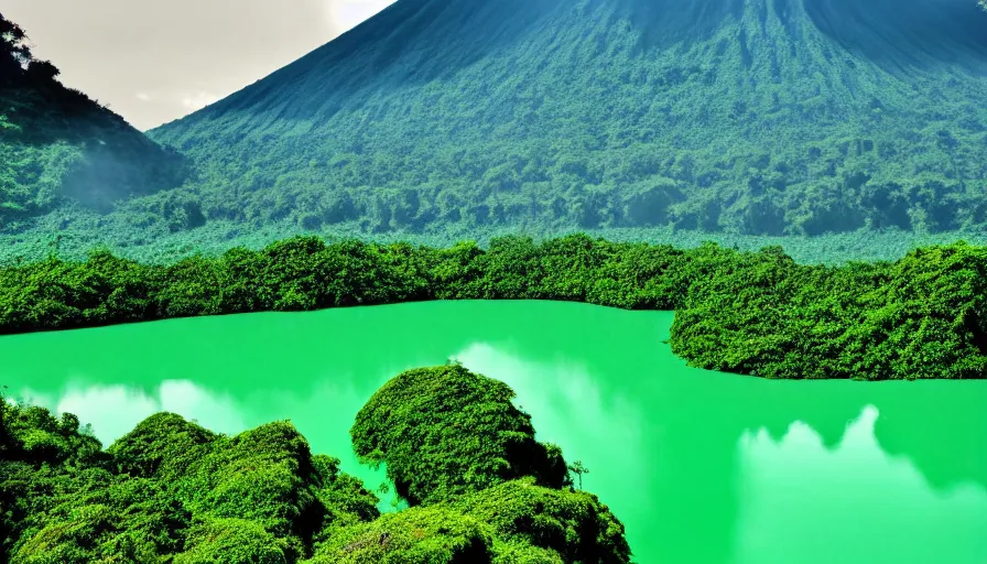 Image similar to a beautiful green scene, guatemalan lake full of water, volcano in background, high definition, beautiful award winning photography, 8 k.