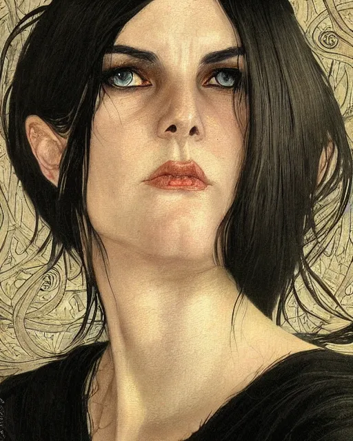 Image similar to portrait of evil a tall 4 0 - year - old woman with thin lips, heavy - lidded eyes, a strong jaw and long, thick shining black hair, thick eyebrows and long eyelashes, wearing in black clothes, hyper realistic face, beautiful eyes, fantasy art, in the style of greg rutkowski, intricate, alphonse mucha, hyper detailed, smooth