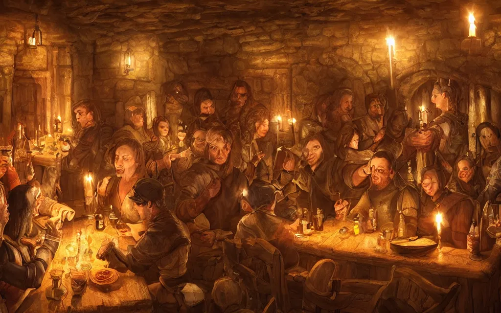 Prompt: Ordering a Drink from a Medieval Tavern. Cozy Atmosphere. Crowded Bar. Large Room. Torch Lit. Beautiful Digital Art, by talented Fantasy Artist. 4K HD Wallpaper Premium Prints Available.