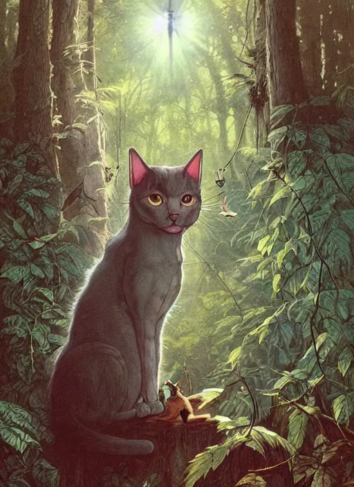 Image similar to a hyper realistic illustrated cat with happy lighting playing in the woods gorgeous lighting, sunbeams blue sky, lush forest foliage painting by chiara bautista and beksinski and norman rockwell and greg rutkowski weta studio, and lucasfilm