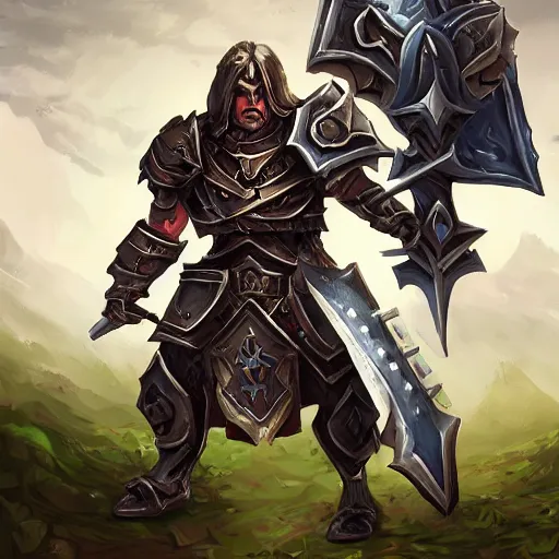 Image similar to Ares with heavy armor and sword, dark sword in Ares's hand, hearthstone art style, epic fantasy style art, fantasy epic digital art, epic fantasy card game art