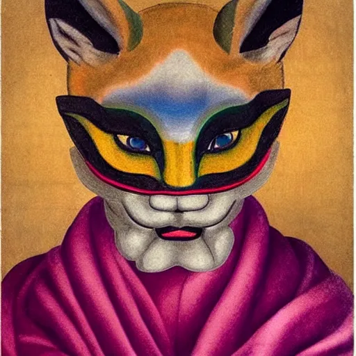 Image similar to a beautiful male wearing a kitsune mask, painted by michelangelo, ombre colors