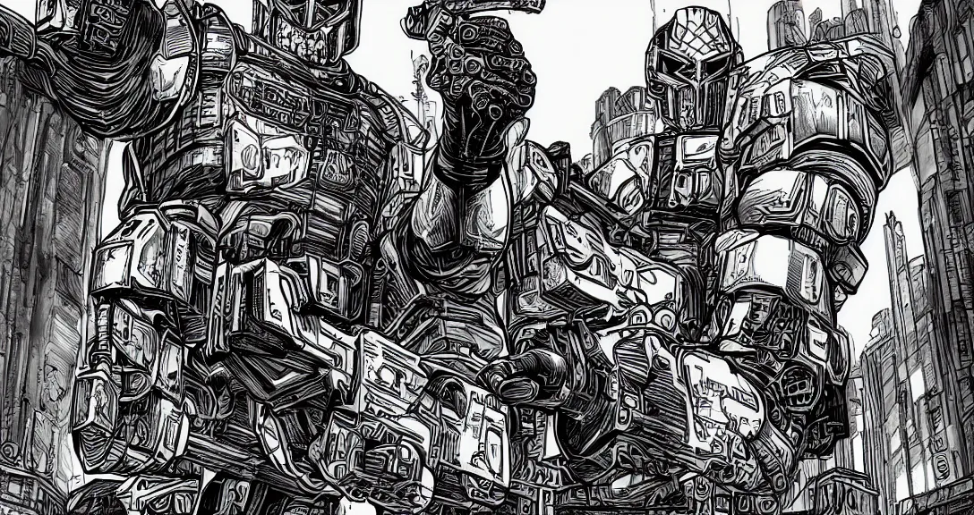 Image similar to lineart, colour, judge dredd, hyperdetailed, artstation