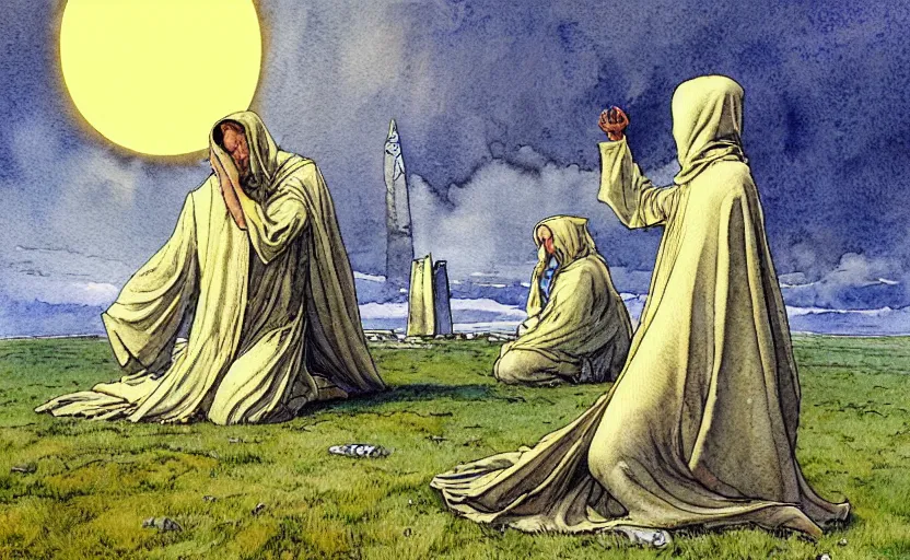 Prompt: a realistic and atmospheric watercolour fantasy concept art of a golden ufo landing on top of stonehenge. female medieval monk in grey robes kneeling with her hands by her sides. by rebecca guay, michael kaluta, charles vess and jean moebius giraud