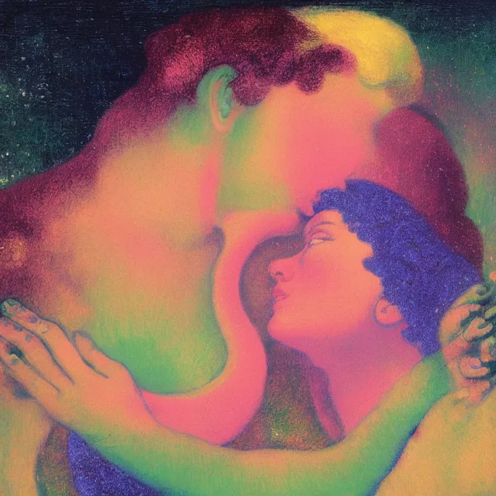 Prompt: close portrait of woman and man kissing. aurora borealis. iridescent, vivid psychedelic colors. painting by titian, agnes pelton, utamaro, monet