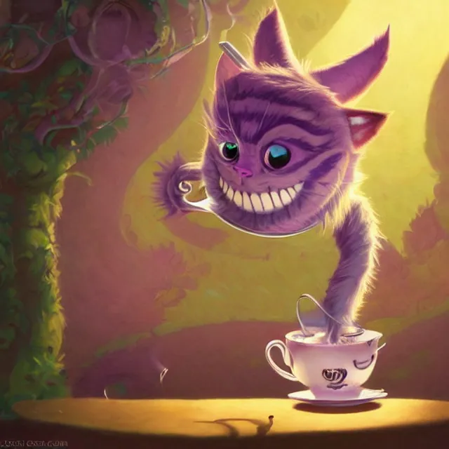 Image similar to cheshire cat drinking tea, by cory loftis, character art, very coherent, exquisite lighting, whimsical background, lighthearted, soft painting, masterpiece