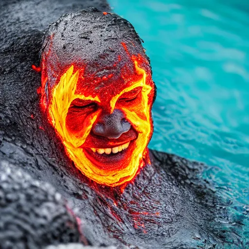 Image similar to elderly man swimming in a lava flow, smiling, happy, volcano, hot, eruption, magma, lava, canon eos r 3, f / 1. 4, iso 2 0 0, 1 / 1 6 0 s, 8 k, raw, unedited, symmetrical balance, wide angle