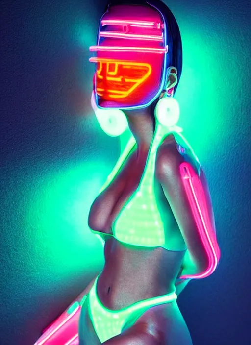 Prompt: a latino female humanoid with freckled cheeks, cyber neon lighting, futurism, intricate futuristic led lit jewelry, retro futuristic glossy white latex swimwear, profile posing, hyper photorealistic, crispy quality, digital photography, trending in artstation, trending in pinterest, cinematic, 4 k ultra hd, art by pascal blanche, art by greg rutkowski,