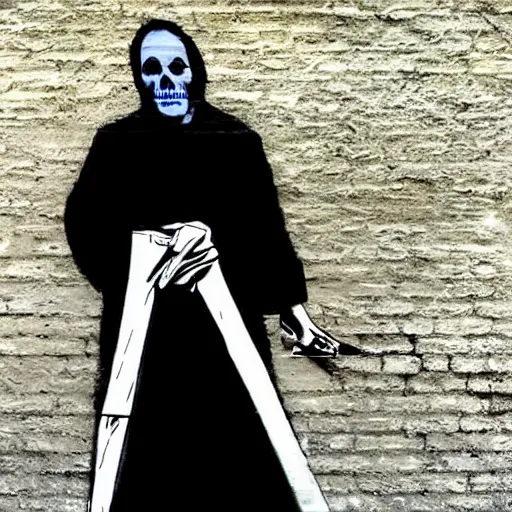 Image similar to neil warnock as the grim reaper in the style of banksy