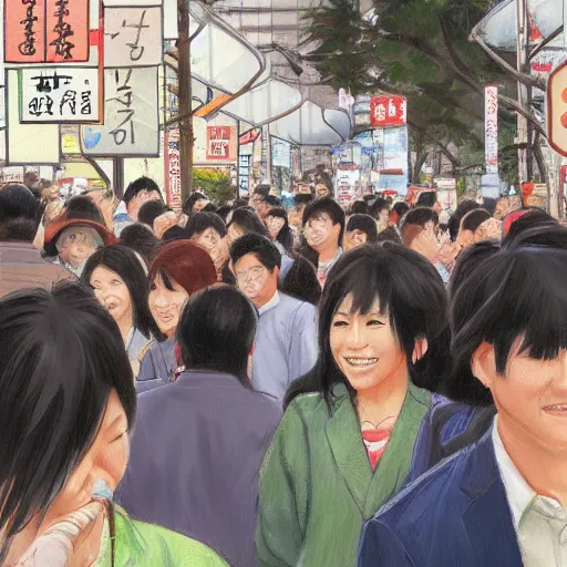 Prompt: crowd of japaneses in public phones, artwork by steve henderson