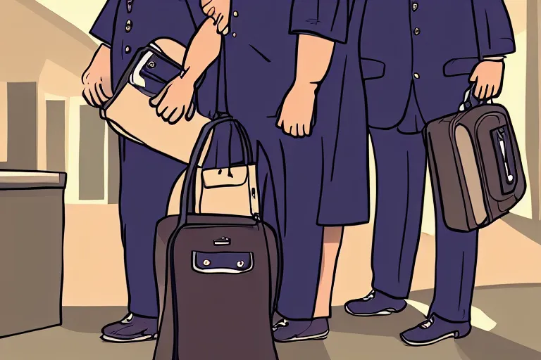 Prompt: tall, broad shouldered, security guard checks the bags of a worried looking couple, man and woman, digital art