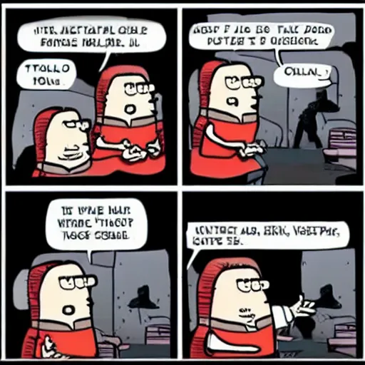 Image similar to 2 panel cartoon of dilbert having a standoff with the police, scott adams,