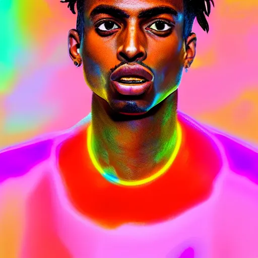 Image similar to playboi carti, photorealistic, detailed face, full body shot, 8 k, hd, neon colors, over saturated colors, wok,